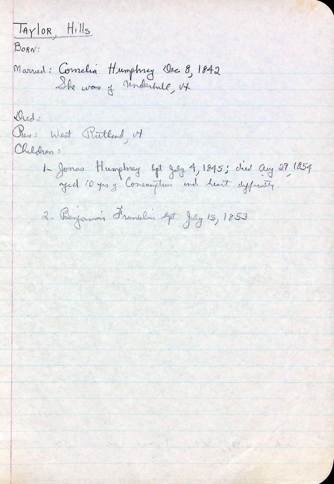 TAYLOR, Hills (n.d. m. 1842 West Rutland) 1 HUMPHREY